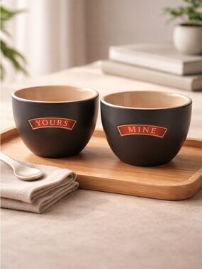 EUC Bailey’s Irish Cream “Mine & Yours” Mugs Desert Bowls Black Ceramic Bowl
